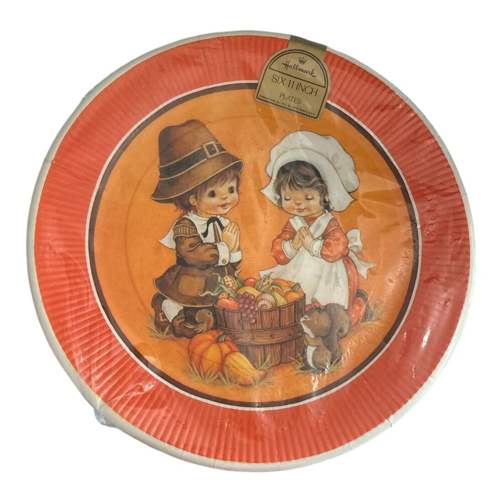 Set Of 6 Vintage Hallmark Thanksgiving Pilgrims Praying 11” Paper Plates *New